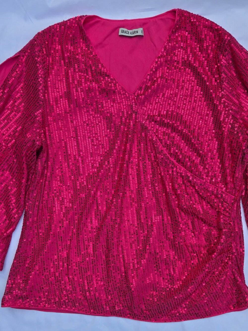 Grace Karin - Bright Pink sequined blouse with cold shoulder sleeves. Size 2XL.